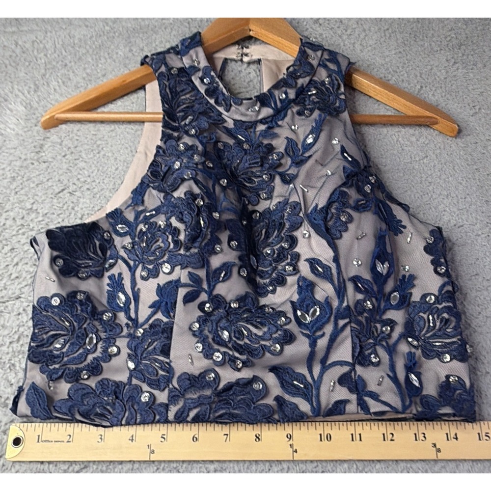 Sequin Hearts Top Womens Size 11 Medium Blue Floral Tan Lined Beaded Top - Picture 7 of 9